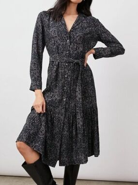 RAILS Button-Front Long Sleeve Midi Dress in Charcoal Print